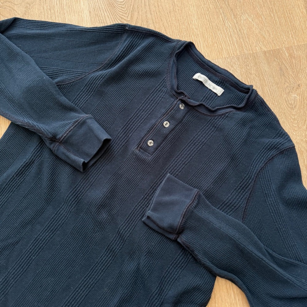 Outerknown Arroyo Organic Cotton Waffle Henley Mens Large Navy Blue Shirt LS